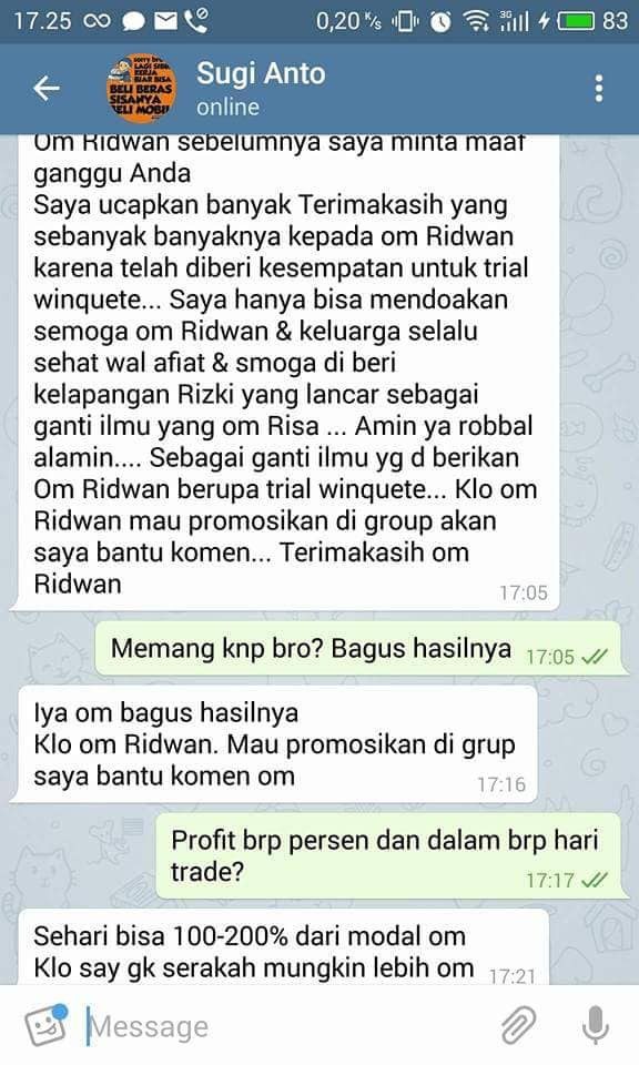 Testimoni dari member online di Telegram 1
